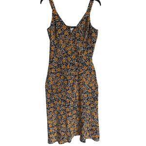 Yellow Floral Full Button Down Midi Dress Spaghetti Strap Wrap Dress M